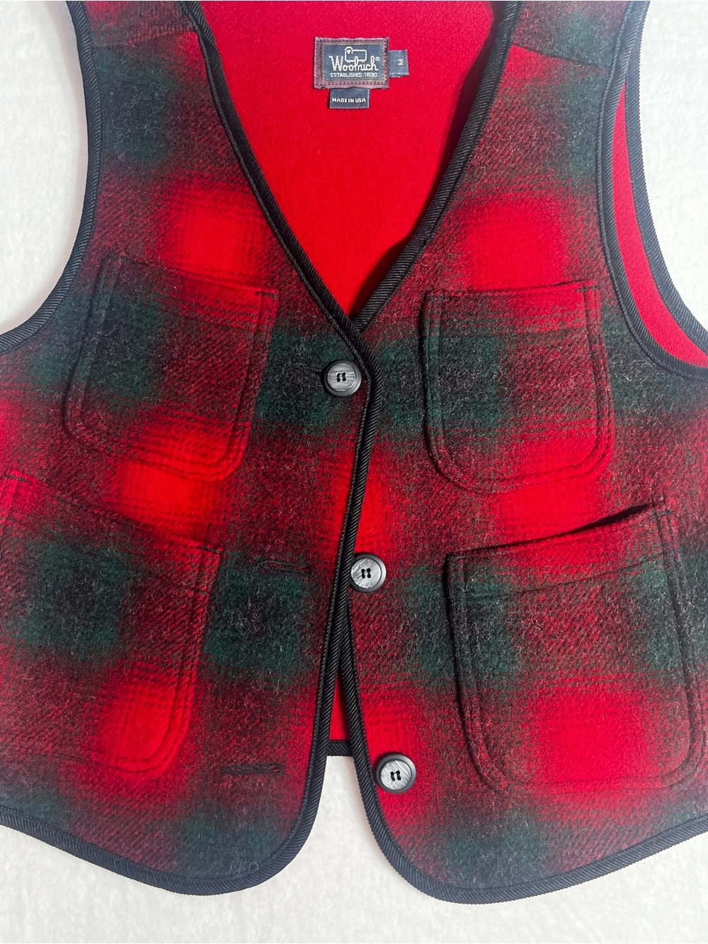 Woolrich Red and Green Plaid Wool Vest with Black Trim
